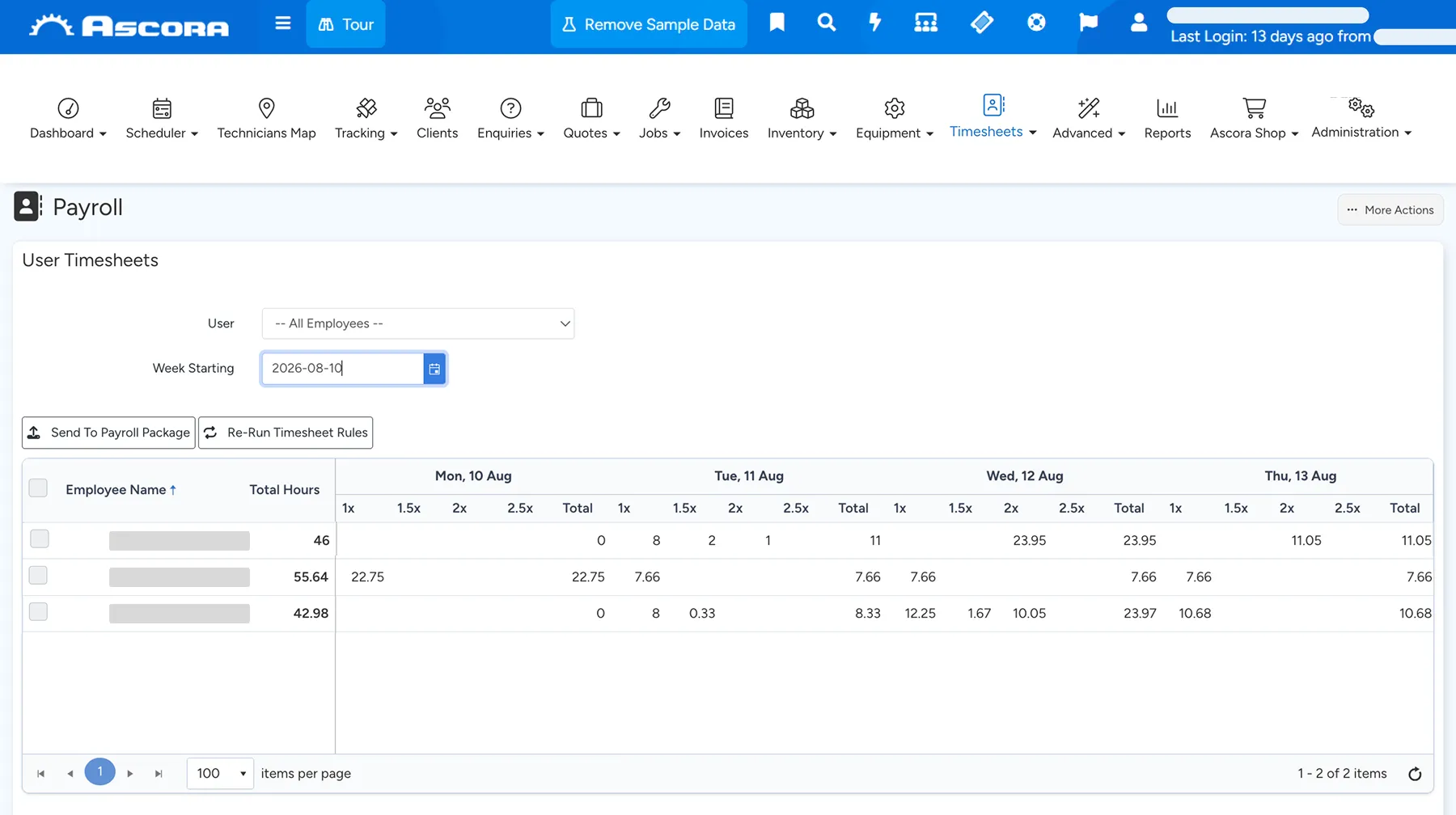 Tablet showing Ascora Payroll integration, click to play walkthrough
