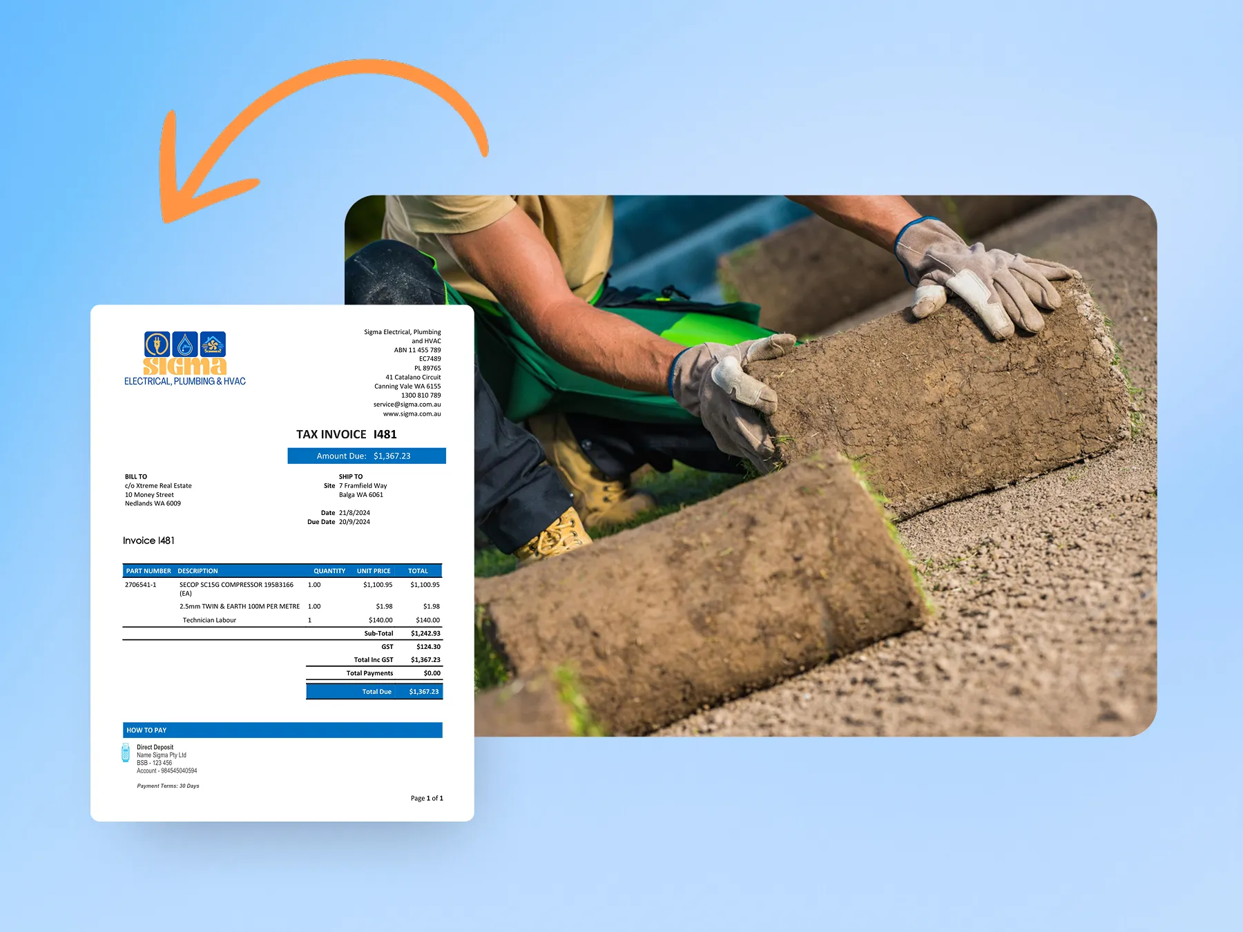 Marketing graphic showcasing invoice creation from quote.