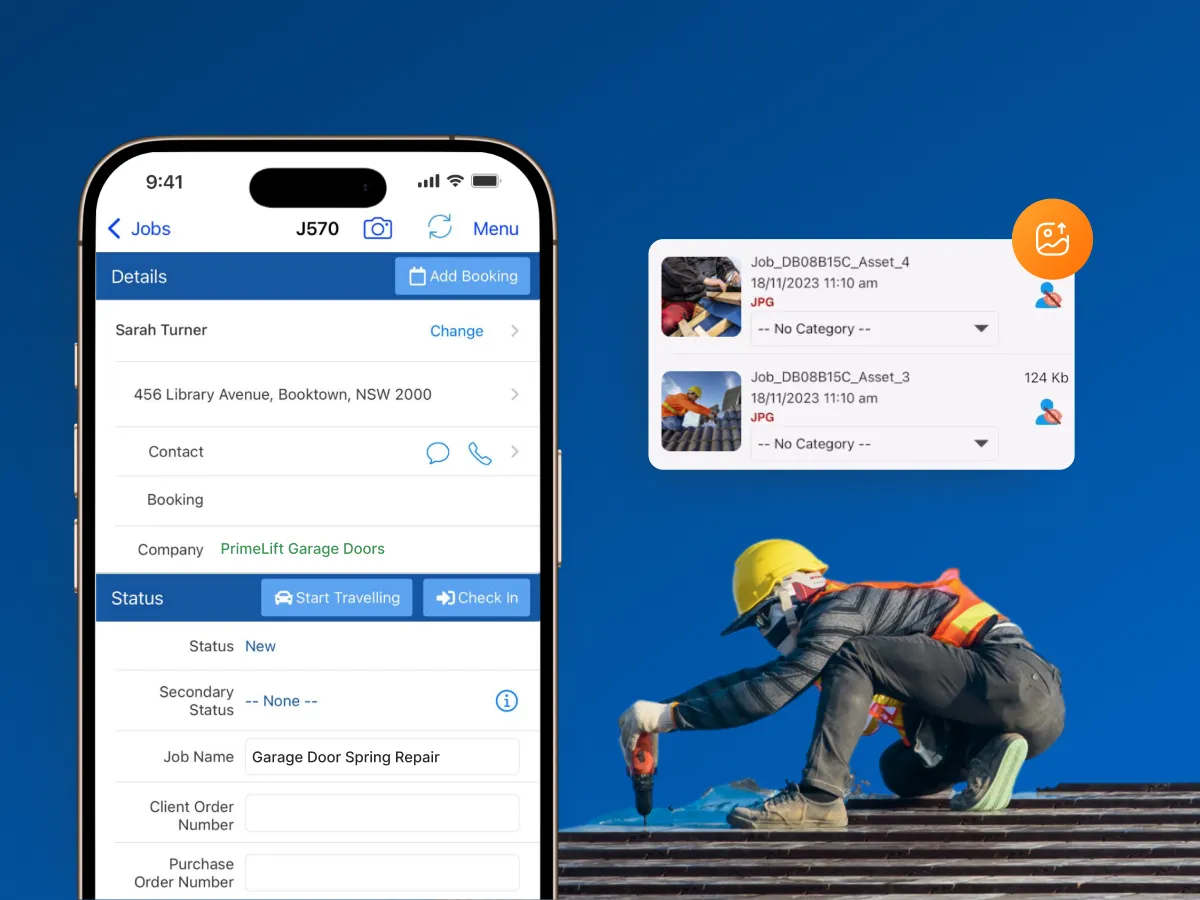 Roofer using the Ascora mobile app to update job status, capture photos and complete jobs onsite.