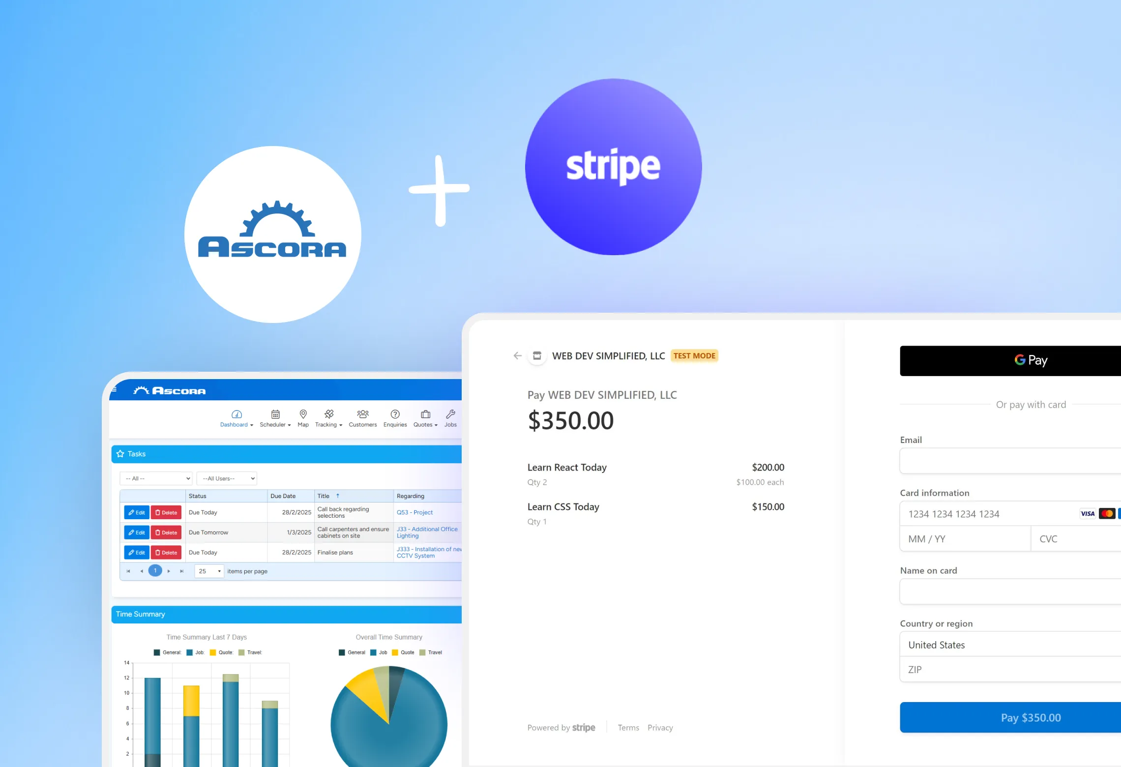 Tradesperson accepting a card payment on a phone, syncing data between Ascora and Stripe.
